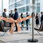 Individuell bedrucktes Absperrband in Orange-Weiß mit Firmenlogo, als Schleife gebunden an einem Edelstahl-Absperrständer für VIP-Bereiche.