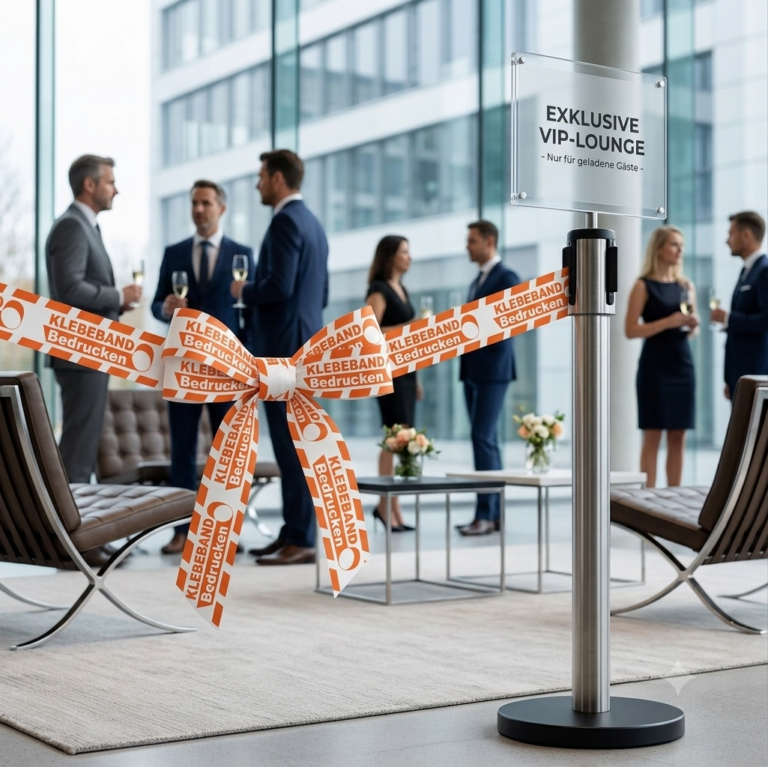 Individuell bedrucktes Absperrband in Orange-Weiß mit Firmenlogo, als Schleife gebunden an einem Edelstahl-Absperrständer für VIP-Bereiche.