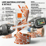 Infografik zur Materialleistung und den technischen Details des bedruckten LDPE-Absperrbandes, inklusive Darstellung eines Zugfestigkeitstests.