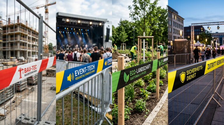 Collage aus vier Bildern, die individuell bedruckte Absperrbänder in unterschiedlichen Einsatzbereichen zeigen: Baustelle (rot-weiß), Musik-Event (blau-gelb), Gartenbau (grün-schwarz) und Sicherheitsdienst (gelb-schwarz).