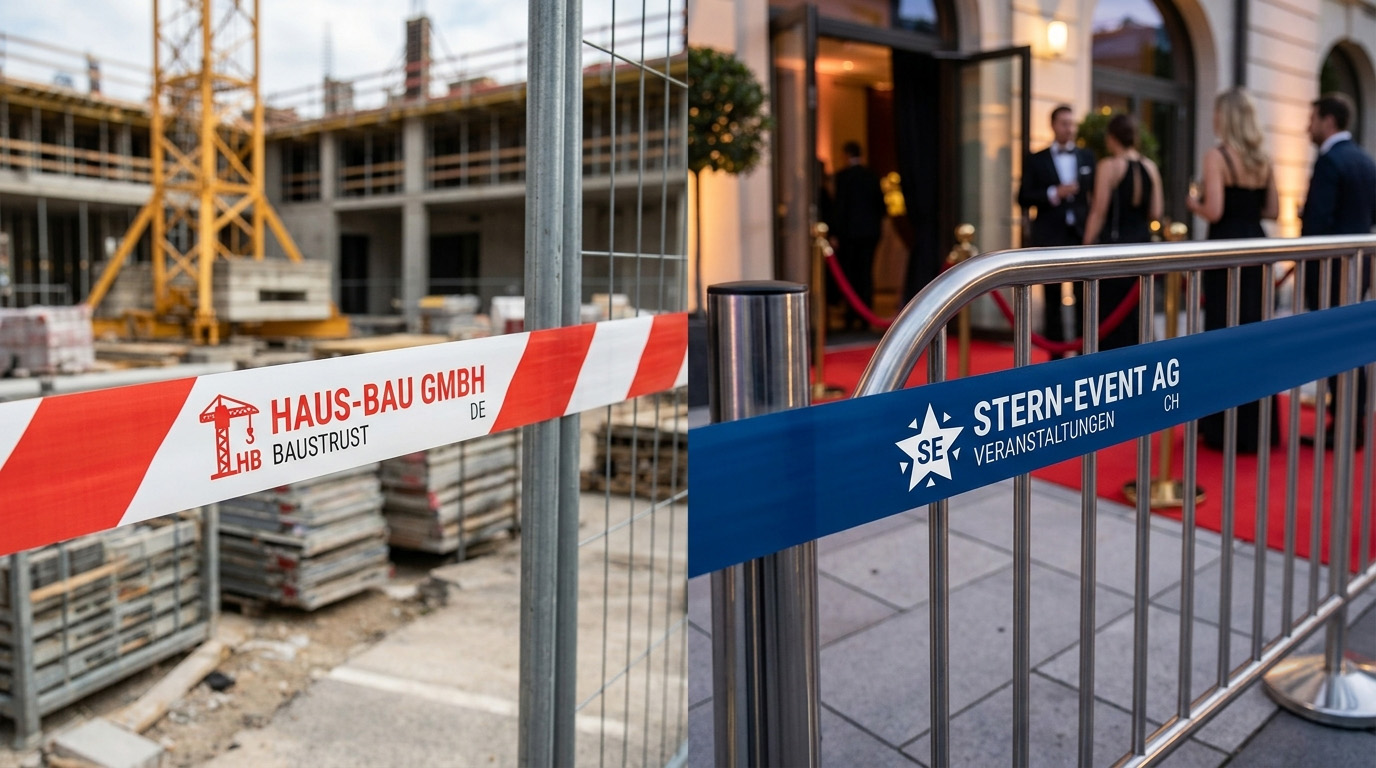 Ein geteiltes Bild mit zwei Szenen: links eine Baustelle mit einem gebrandeten rot-weißen Absperrband (BUILD-TEC); rechts ein gehobener Event-Bereich mit einem gebrandeten blauen Absperrband (EVENT-PLUS).