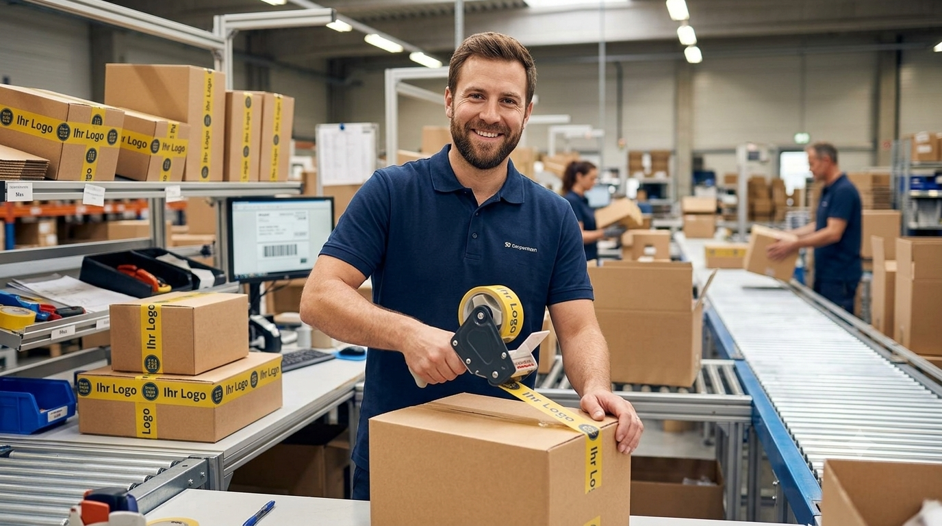 Ein Verpacker mit Klebeband