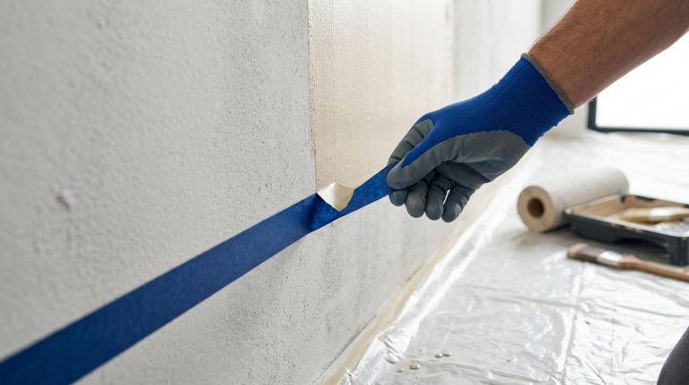Ein Nahaufnahme-Foto eines professionellen Malers in einem blauen Arbeitshandschuh, der sorgfältig blaues Klebeband von einer strukturierten verputzten Wand entfernt. Eine saubere Linie frischer, halb-trockener beige Farbe ist sichtbar, während das Klebeband einen scharfen Kantenverlauf offenbart.
