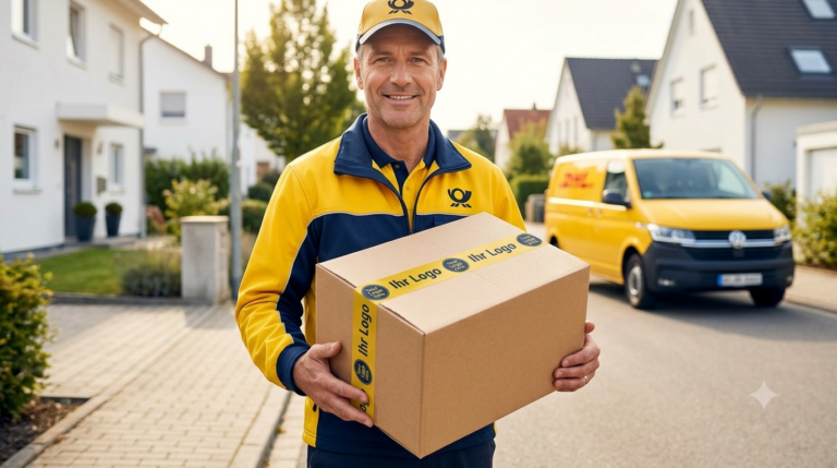 Postbote der DHL hält einen Karton der "Ihr Logo" auf dem Klebeband stehen hat.