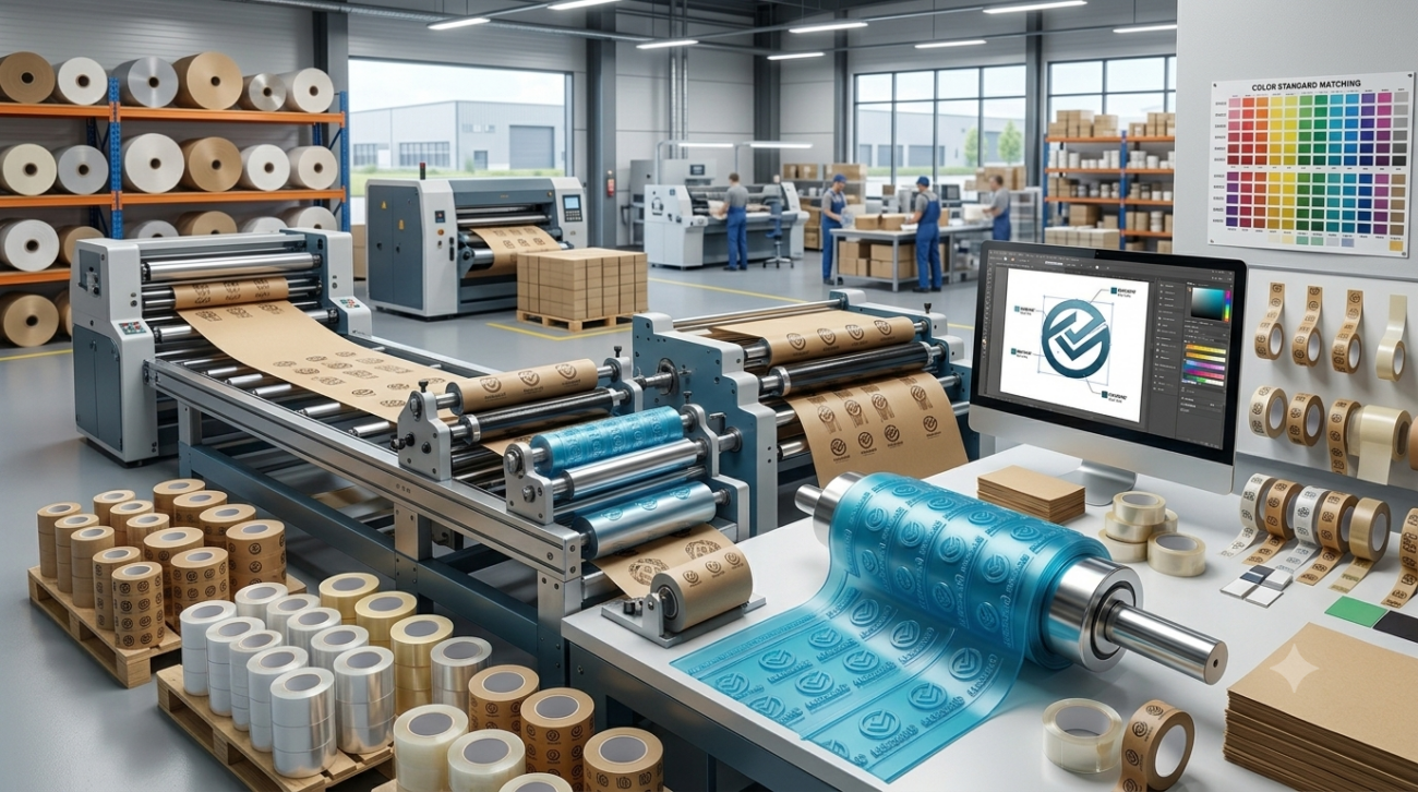 Druckwalze mit Klischee für bedrucktes Klebeband mit Logo neben Monitor mit Grafikdesign für die Verpackung