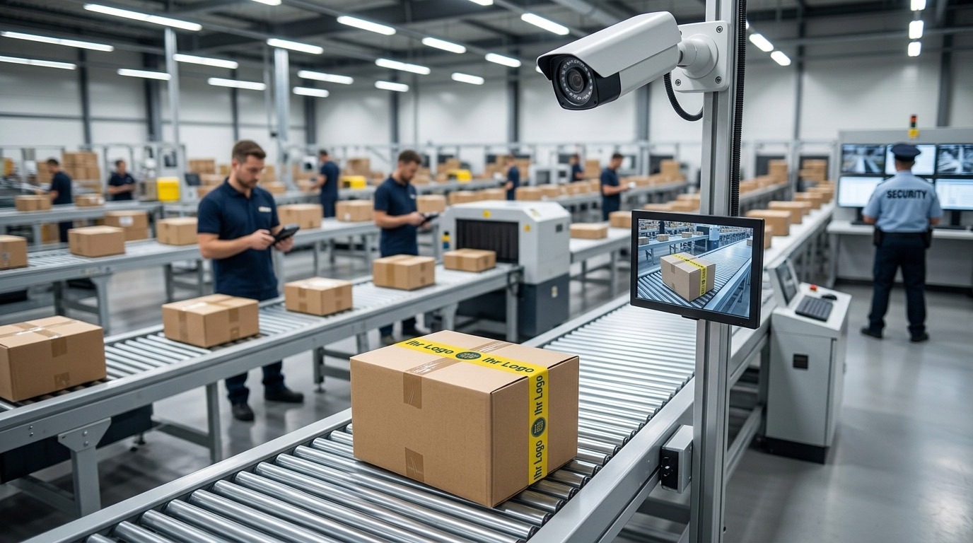 Ein stolzer Lagerarbeiter in einem modernen Fulfillment-Center versiegelt einen Karton mit einem Handabroller und dem gleichen Klebeband mit dem Text 'Ihr Logo', umgeben von Regalen voller Boxen.