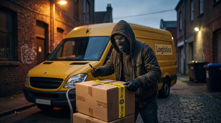 Bedrucktes Paketband als Diebstahlschutz: Maskierter Mann mit Cuttermesser an einem Karton vor einem Logistik-Lieferwagen.